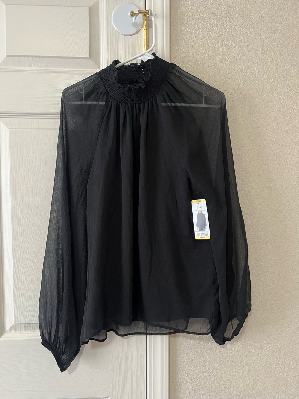 Joie Black Sheer Smocked High Neck Blouse Medium NWT